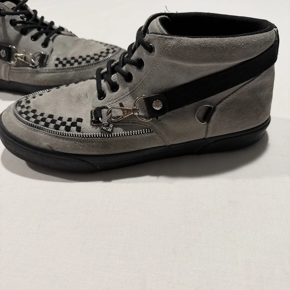 TUK Mens 12 Grey Suede Creeper Sneakers Bondage Straps D-Ring Zipper Punk Rock